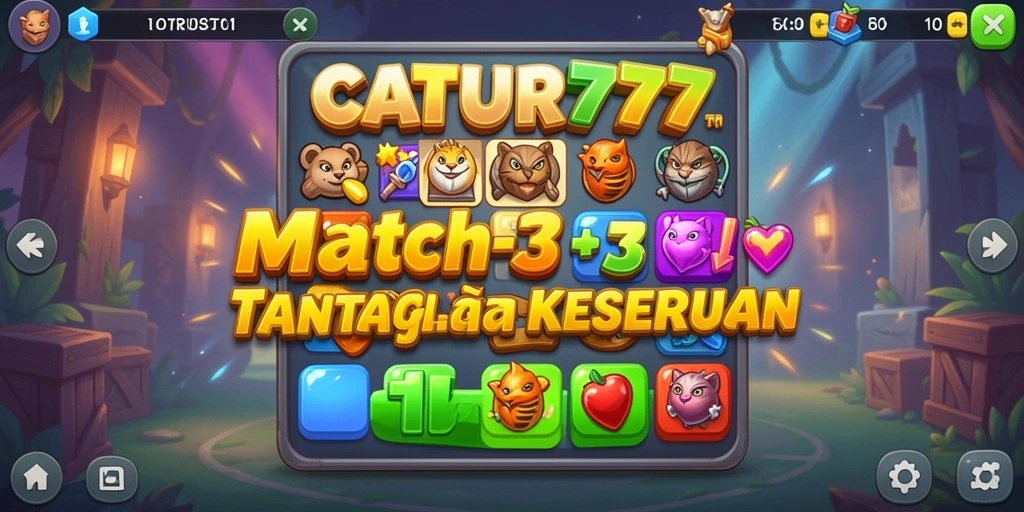 Tampilan screenshot menunjukkan gameplay seru di CATUR777 dengan batu permata berwarna-warni.