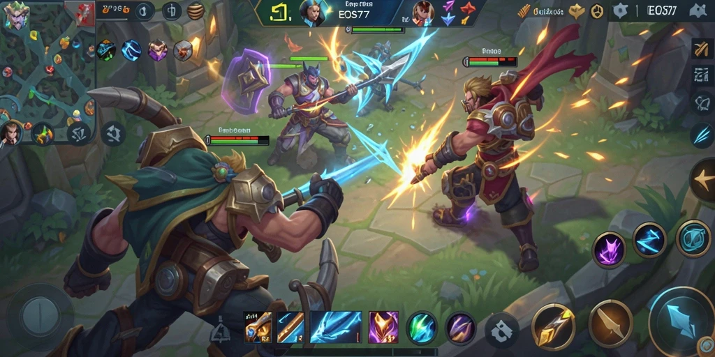 Screenshot menunjukkan aksi intens dalam pertempuran MOBA di EOS77.