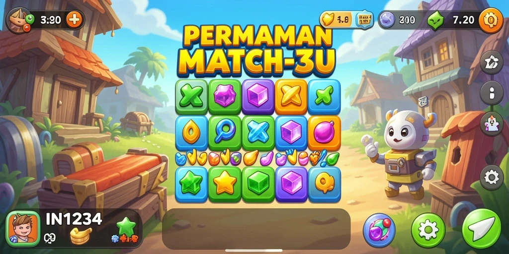 Tangkapan layar gameplay seru IN1234 dengan pertempuran Match-3 yang mendebarkan.